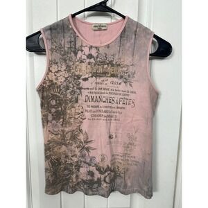 Y2K Skinny Minnie Pink French Garden Graphic Tank Top Rhinestone Vintage  Medium